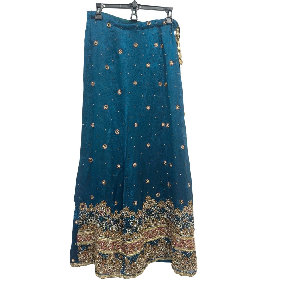 Vintage Lehenga Skirt Teal Blue Raw Silk Hand Beaded Zardozi Maxi Bridal Indian